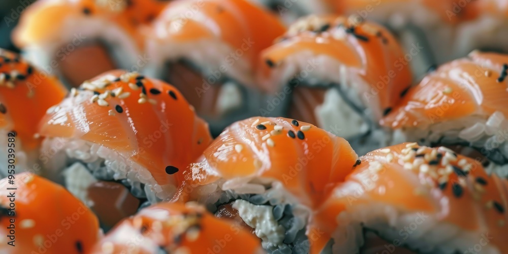 Close-up of meticulously arranged sushi in an artistic presentation Close-up of meticulously arranged sushi in an artistic presentation