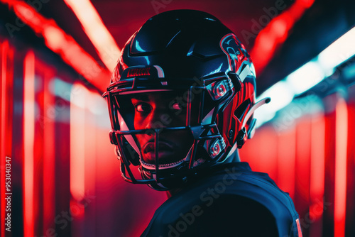 A wide shot of an American football player wearing his helmet and uniform in the locker room. He is standing up, facing the camera, with soft side lighting. The background has red neon lights, and the