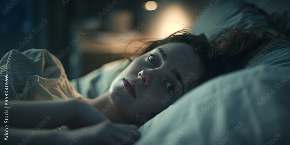 Woman suffering from insomnia, lying awake with a worried expression in a dimly lit, quiet room. Woman suffering from insomnia, lying awake with a worried expression in a dimly lit, quiet room.