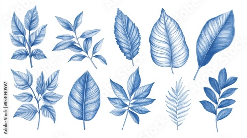 Blue ballpoint pen drawing of a various species of leaves.