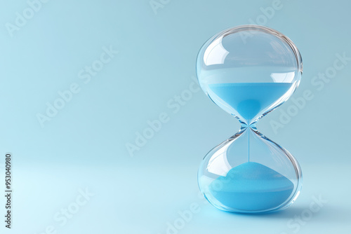 Elegant hourglass with blue sand on a light blue background, symbolizing the passage of time in a minimalistic and modern setting.