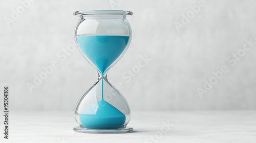 Hourglass with blue sand against a clean white background, symbolizing passage of time, urgency, or patience. Perfect for themes of time management.