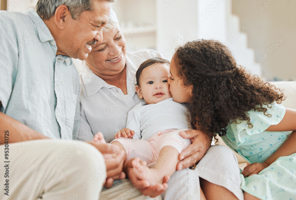 Happy, care and grandparents with baby and child in home for bonding, connection or family time. Smile, love and senior man and woman holding infant with girl kid sibling in living room at house. Happy, care and grandparents with baby and child in home for bonding, connection or family time. Smile, love and senior man and woman holding infant with girl kid sibling in living room at house.