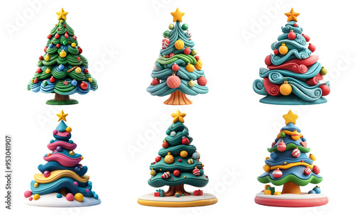 Artistic Christmas trees collection isolated on transparent background photo