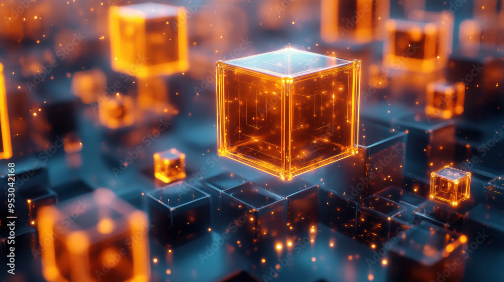 Glowing orange cubes in a futuristic digital space, representing technology, innovation, and quantum computing. High-tech concept visualization. Glowing orange cubes in a futuristic digital space, representing technology, innovation, and quantum computing. High-tech concept visualization.