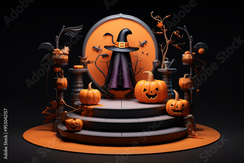 3D Realistic Halloween Podium with Pumpkin, Bat, and Witch Hat