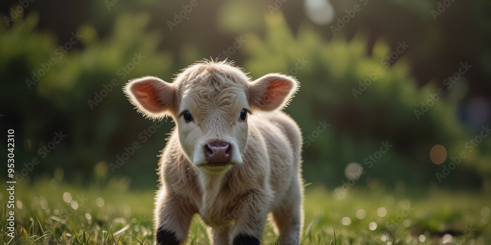 Fototapeta premium Cute little cow in a field in a meadow with warm sunshine in the morning. Domestic animal with a blurred backdrop