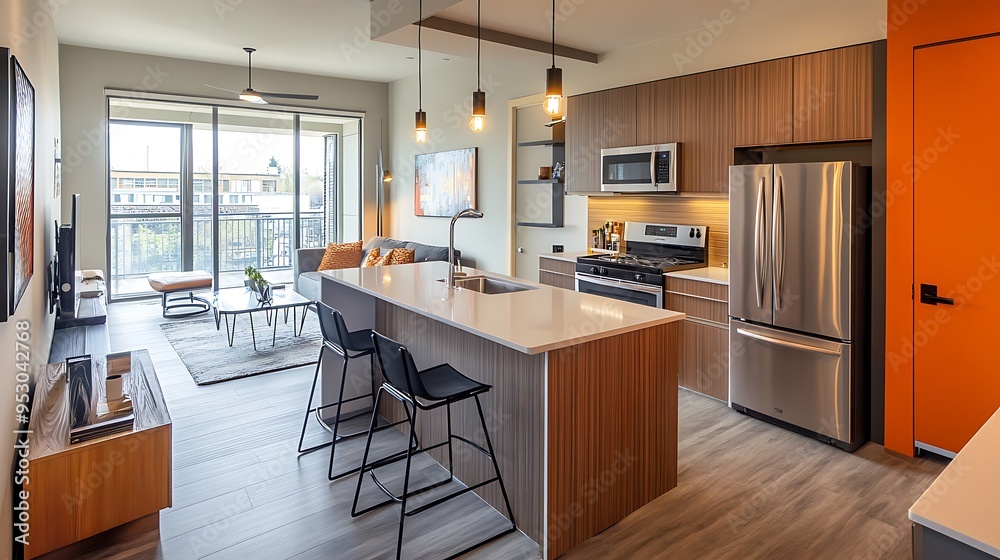 Modern Kitchen and Living Space with Orange Accent Wall Modern Kitchen and Living Space with Orange Accent Wall