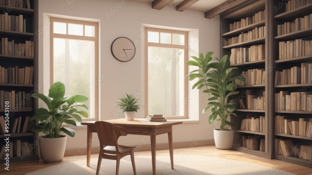 Serene library scene. Round wooden table with potted plant, books, and coffee. Bookshelves in background. Warm, neutral colors create peaceful atmosphere. Perfect for study or relaxation. Serene library scene. Round wooden table with potted plant, books, and coffee. Bookshelves in background. Warm, neutral colors create peaceful atmosphere. Perfect for study or relaxation.