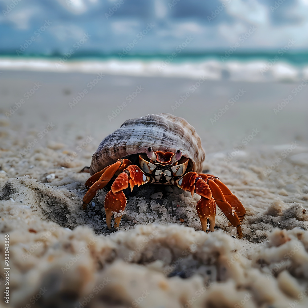 Orange hermit crab walking on the sand of a tropical beach Orange hermit crab walking on the sand of a tropical beach