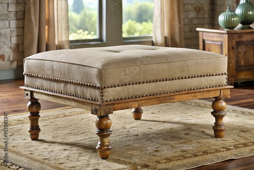 Farmhouse ottoman furniture rustic country style storage seat metal legs wooden frame distressed finish earth tone