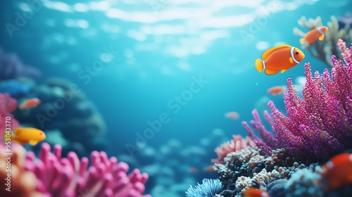 Underwater scene, colorful coral reefs and exotic fish, 3D illustration photo