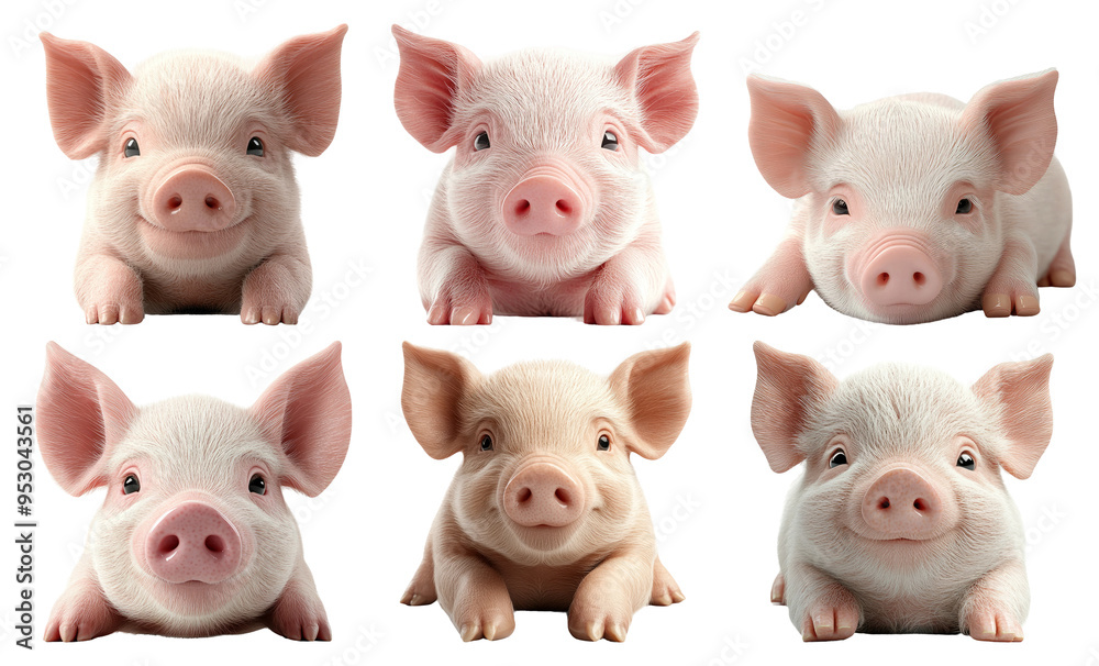 Cute pink piglets in various poses isolated on transparent background Cute pink piglets in various poses isolated on transparent background
