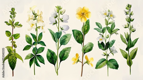 Botanical illustration set, detailed plant drawings, 