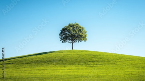 Alone tree on green hill of grass field and blue sky background