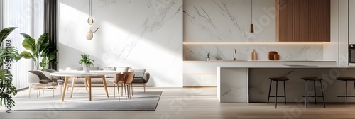 Modern living room and dining area with white marble wall cladding ai generative