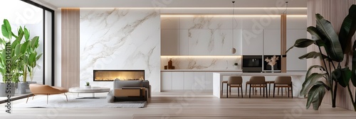 Modern living room and dining area with white marble wall cladding ai generative