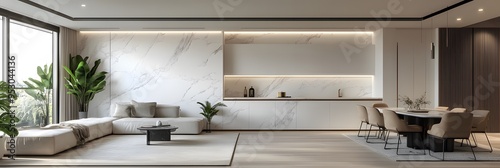 Modern living room and dining area with white marble wall cladding ai generative