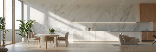 Modern living room and dining area with white marble wall cladding ai generative