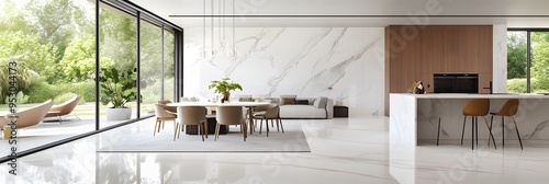 Modern living room and dining area with white marble wall cladding ai generative