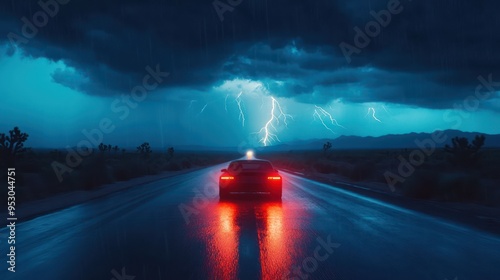 Driving a car towards a spectacular lightning storm in road trip