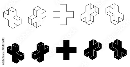 isometric plus sign vector silhouette. add symbol