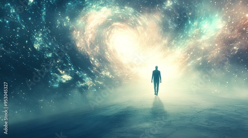 A person walking towards bright light in cosmic landscape, symbolizing spiritual journey. 