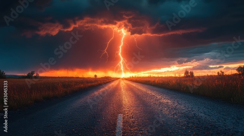 Lightning bolt striking earth during thunder storm in country road