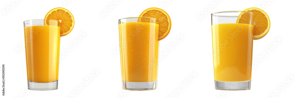 Three glasses of orange juice with slices of orange isolated on transparent background Three glasses of orange juice with slices of orange isolated on transparent background