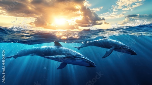  two whales swimming, surfacing, ocean horizon, big waves, vibrant, serene atmosphere, playful interaction, calm sky