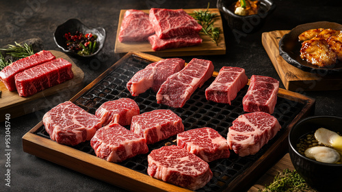 Raw beef steaks assortment on wooden board, premium meat cuts for grilling or barbecue, gourmet cooking ingredients