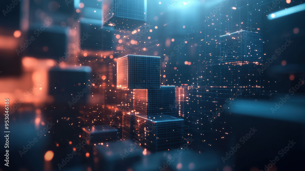 Obraz premium A futuristic digital landscape with glowing grids and interconnected cubes representing blockchain technology in a virtual space.