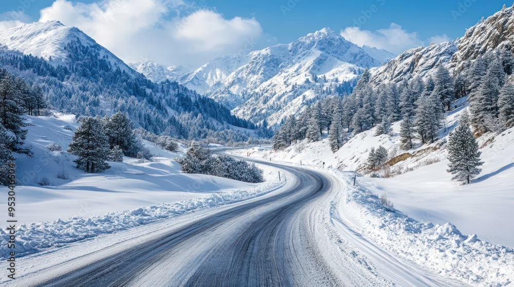 The winding road through snow mountains in winter The winding road through snow mountains in winter
