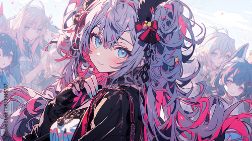 vtuber girl character big hair and cute, vertical background anime girl