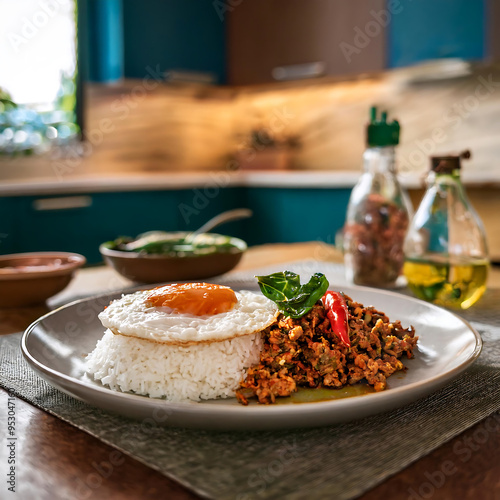 Authentic Thai Basil Pork with Rice and Fried Egg in a Cozy Kitchen