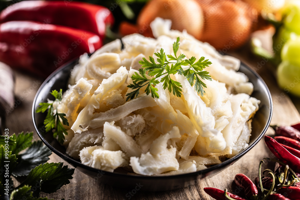 Precooked beef tripes in a bowl with vegetables and herbs ready for cooking Precooked beef tripes in a bowl with vegetables and herbs ready for cooking