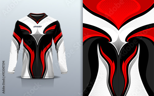 Sport jersey long sleeve template mockup curve line abstract design for motocross motorcycle football soccer, racing, e sports, red black color