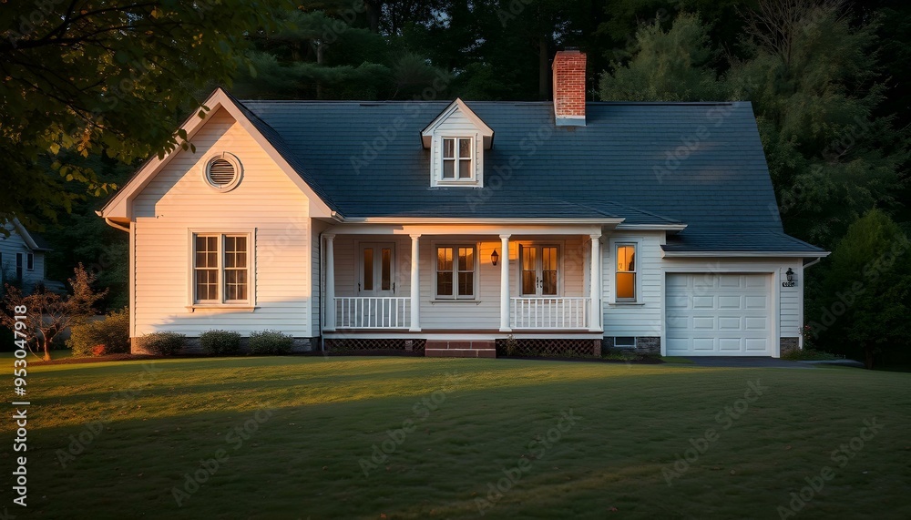 Obraz premium Charming White Cottage at Sunset