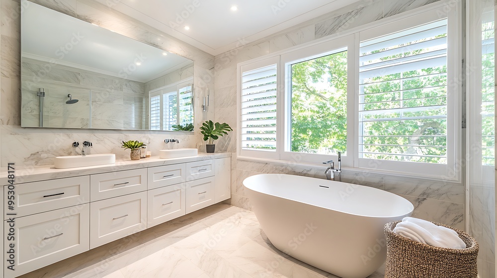 Modern Bathroom with Freestanding Tub, Marble Tiles, and White Cabinets Modern Bathroom with Freestanding Tub, Marble Tiles, and White Cabinets
