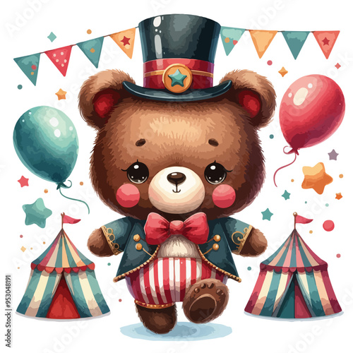 cute circus bear watercolor art style on a white background, logo of a cute circus bear photo