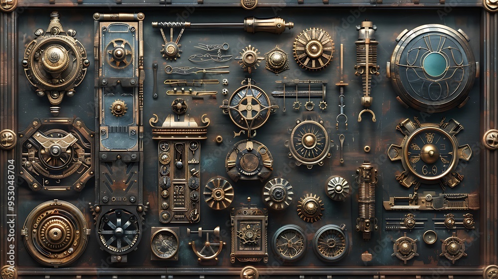 Steampunk-inspired design elements and gears, Steampunk-inspired design elements and gears,