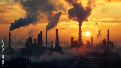 A city skyline with a large cloud of smoke and a sun in the background. The sun is setting and the sky is orange