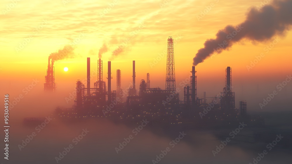 A city skyline with a large cloud of smoke and a sun in the background. The sun is setting and the sky is orange A city skyline with a large cloud of smoke and a sun in the background. The sun is setting and the sky is orange