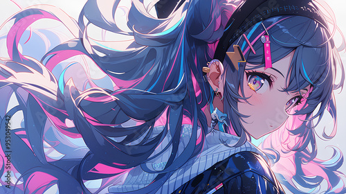 vtuber girl character big hair and cute, vertical background anime girl
