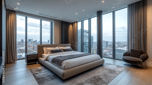 Modern Bedroom with City View and Minimalist Decor