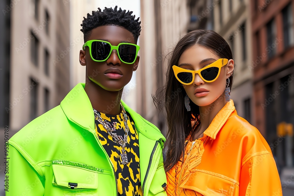 Neon color streetwear fashion with bold patterns and designs, captured in a photo where models wear neon-colored streetwear outfits, with bold patterns and edgy designs, set against an urban Neon color streetwear fashion with bold patterns and designs, captured in a photo where models wear neon-colored streetwear outfits, with bold patterns and edgy designs, set against an urban