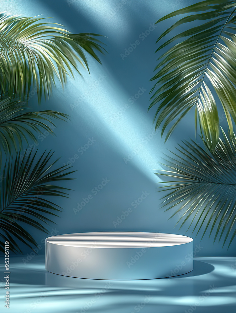 A minimalist podium with palm leaves on the right, set against a blue background A minimalist podium with palm leaves on the right, set against a blue background