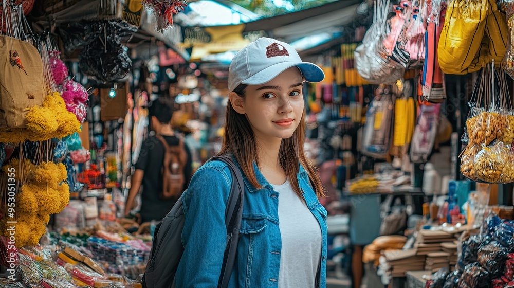 A young woman in a vibrant market, surrounded by colorful stalls and products. A young woman in a vibrant market, surrounded by colorful stalls and products.