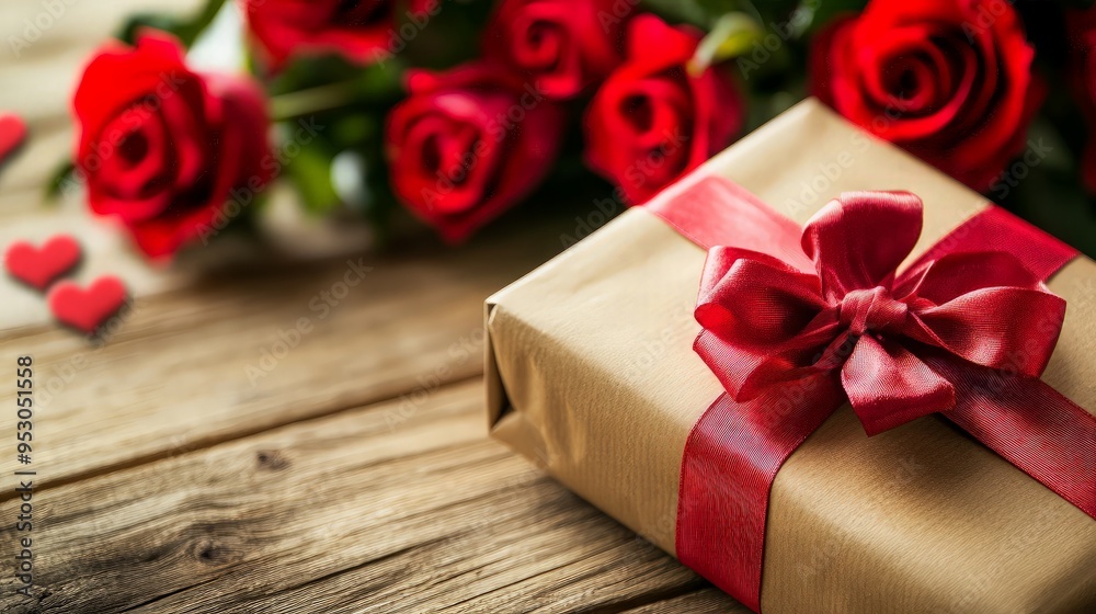 Romantic Gift with Roses on Wooden Background Romantic Gift with Roses on Wooden Background