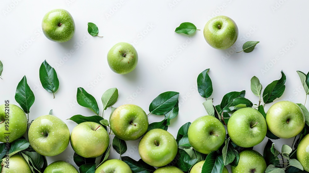 Fresh Green Apples with Leaves on White Background. Fresh Green Apples with Leaves on White Background.